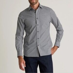 Quince Mens L Navy Gingham Organic Cotton Stretch Poplin Preppy Dress Shirt
